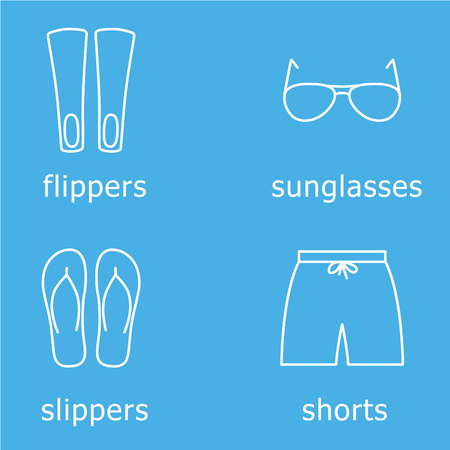 mens beachwear outline icon set contains hswim shorts, flippers, sunglasses and slippersのイラスト素材