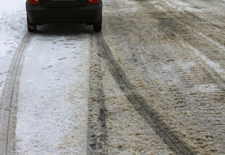 Car tracks in the snowの写真素材