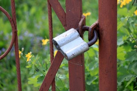 Old padlock on an iron fenceの写真素材
