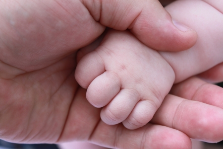The hand of the child holds a hand of the adultの写真素材