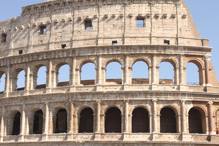 Great Colosseum in Rome, Italy, Europe. Roman Coliseum close-up with clear blue sky.の写真素材