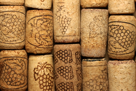 Closeup pattern background of many different wine corks, wine corks background, different wine corks textureの写真素材
