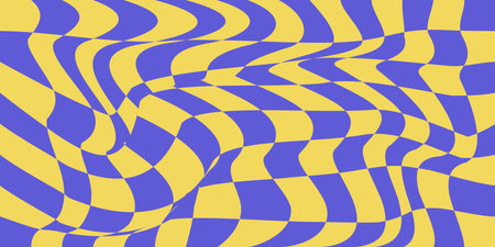 Groovy psychedelic wavy chessboard seamless pattern. Hippie twisted gingham checkerboard background. Checker retro psychedelic seamless texture. Vector illustration isolated on whiのイラスト素材