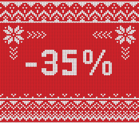 Winter sale discount banner. Ugly sweater. Vector illustration Handmade knitted background pattern with scandinavian ornaments. White, red, colors. Flat styleのイラスト素材