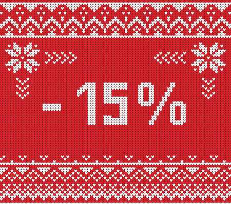 Winter sale discount banner. Ugly sweater. Vector illustration Handmade knitted background pattern with scandinavian ornaments. White, red, colors. Flat styleのイラスト素材