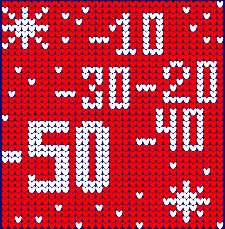 Winter sale discount banner. Ugly sweater. Vector illustration Handmade knitted background pattern with scandinavian ornaments. White, red, colors. Flat styleの写真素材