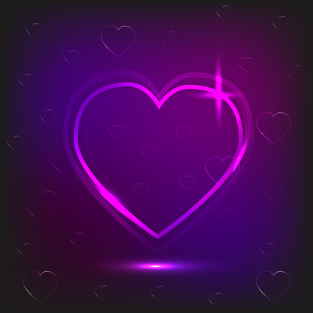 A background of neon heart and small hearts on a dark background.のイラスト素材