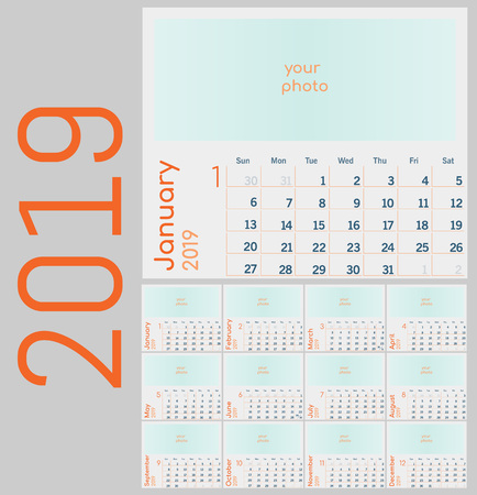 Calendar 2019. Colorful set. Week starts on Sunday, schedule business styleのイラスト素材