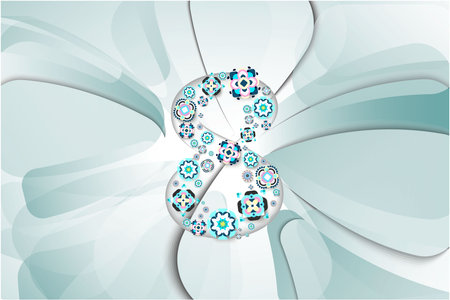 Abstract blue and gray background with shadows. Papercut flowers twisted in the shape of number...