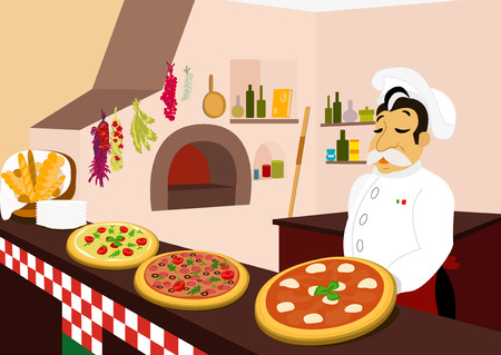 Chef and three delicious pizzas in the cozy pizzeriaのイラスト素材