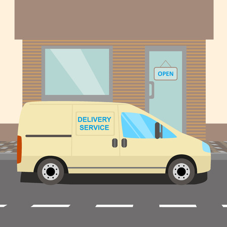 Beige delivery Van stayed near an officeのイラスト素材