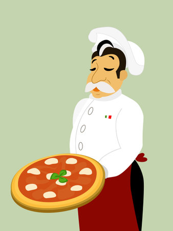 Chef with mocarella pizza in the left handのイラスト素材