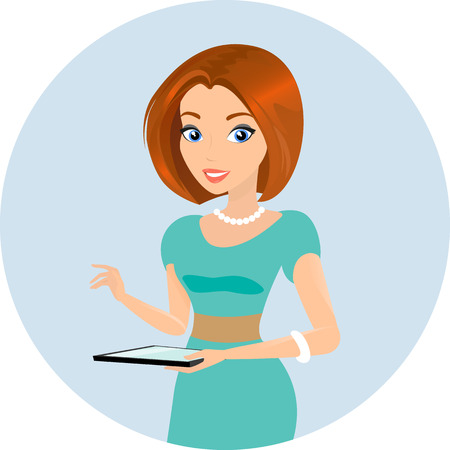 Young smiling pretty woman holds a tablet pc in her hand  Close-up illustration  のイラスト素材