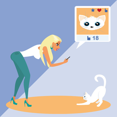Blond woman is taking a snapshot of the cat for social networking  のイラスト素材