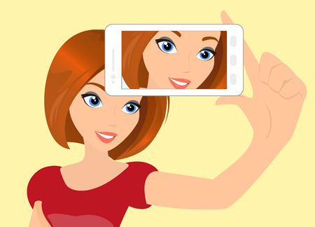 Vector illustration of redhair girl taking a self snapshot. のイラスト素材