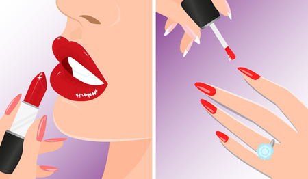 illustration of red lipstick and nail polish. Make-up twice illustration.のイラスト素材