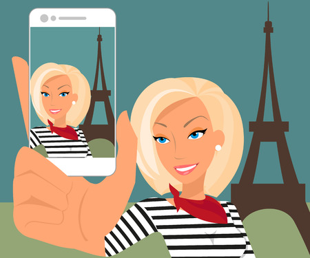 Vector illustration of blond woman is taking a self snapshot  in Paris のイラスト素材