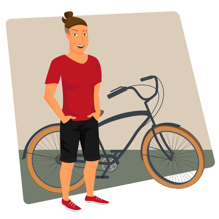 Hipster guy wearing dark shorts and red t-shirt with bicycle.のイラスト素材