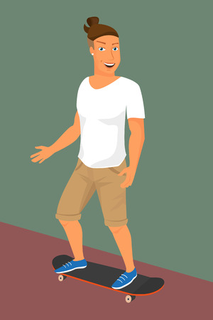 Hipster guy wearing small ponytail on skateboard  のイラスト素材