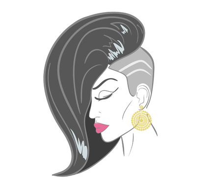 Hand drawn woman face with sensual lips and black hairのイラスト素材