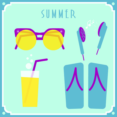 Blue summer card with sunglasses, headphones, cocktail and shoesのイラスト素材