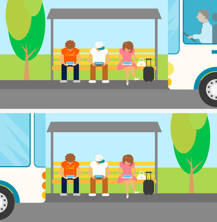 People are waiting a bus and using gadgets at this timeのイラスト素材