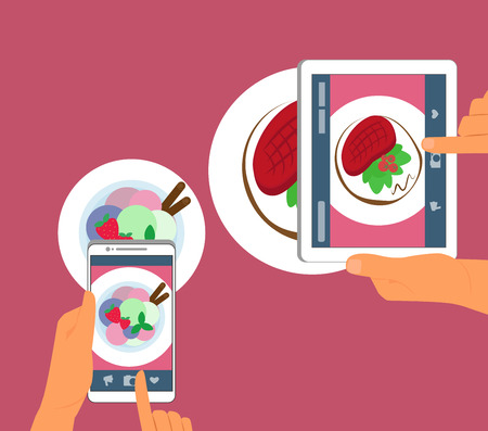 Man and woman are photographing their food in restaurantのイラスト素材
