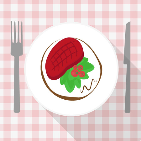 Beef steak with salad and tomato on white plateのイラスト素材