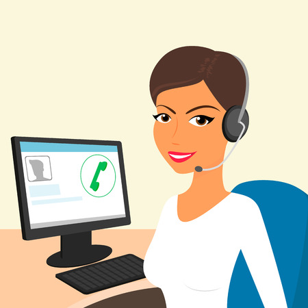 Female call centre operator with headset sitting in the office のイラスト素材
