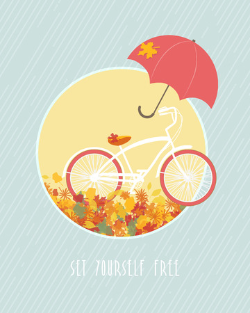 Autumn postcard template with bicycle and red umbrellaのイラスト素材