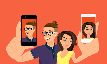 Smiling couple are taking individual selfshots using smartphones.のイラスト素材