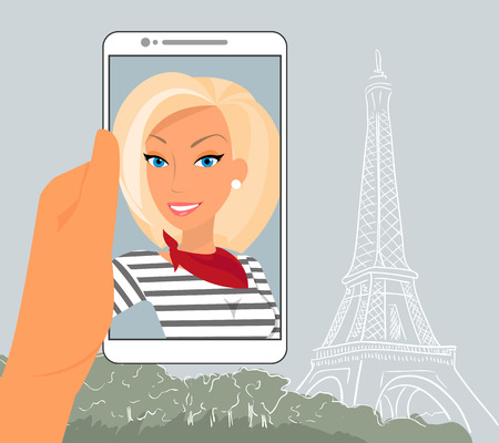 Blond woman is showing her photo in Paris displayed in smartphone.のイラスト素材