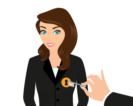 Business woman and managers hand holding a key.  Isolated on whiteのイラスト素材