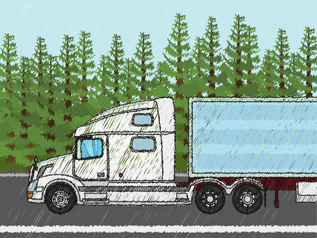 White american truck driving through green fieldsのイラスト素材