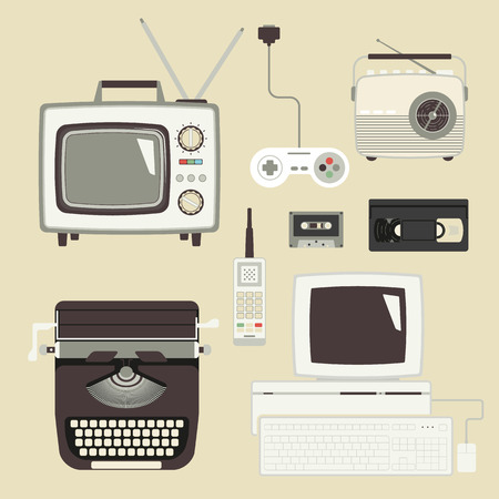 Retro devices collection of tv, radio, gamepad, audio cassette, mobile phone, typewriter and pcのイラスト素材