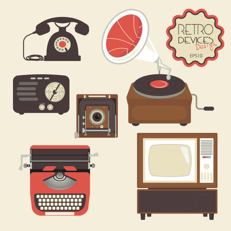 Retro devices collection of tv, radio, gamepad, audio cassette, mobile phone, typewriter and pcのイラスト素材