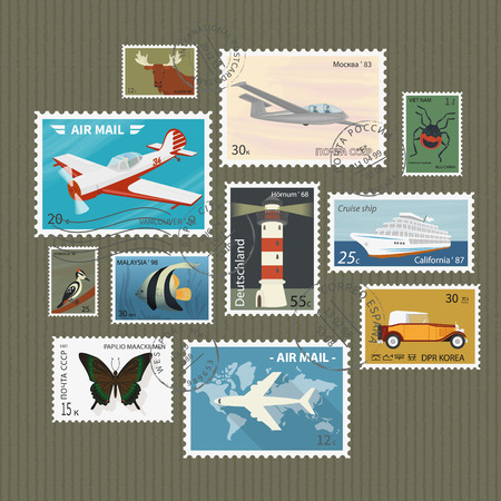Retro postage stamps collection on textured paperのイラスト素材