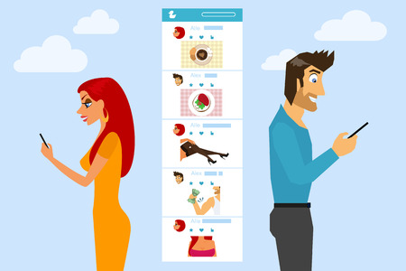 Man and woman are texting and sending photos to each other in social networksのイラスト素材