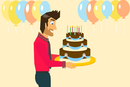 Smiling man is celebrating birthday with big cakeのイラスト素材