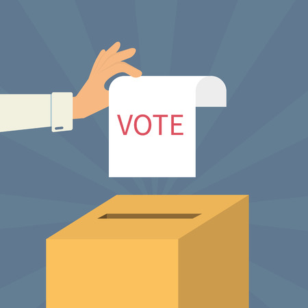 Human hand holds a voting paper over containerのイラスト素材