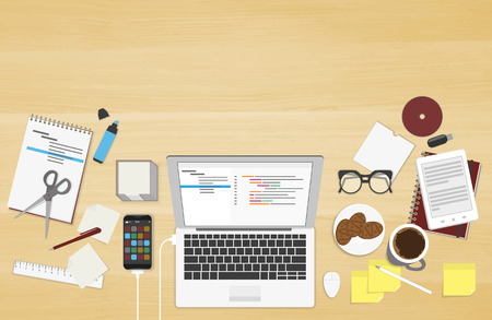 Realistic workplace organization. Top view with textured table, laptop, connected smartphone, notepad, stickers, glasses, cd disk, diary and coffee mugのイラスト素材