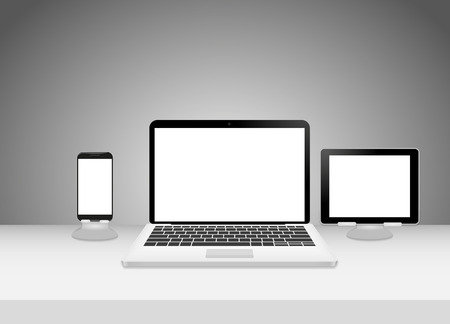 Realistic workplace template. Front view with white table, laptop, smartphone and tablet pcのイラスト素材