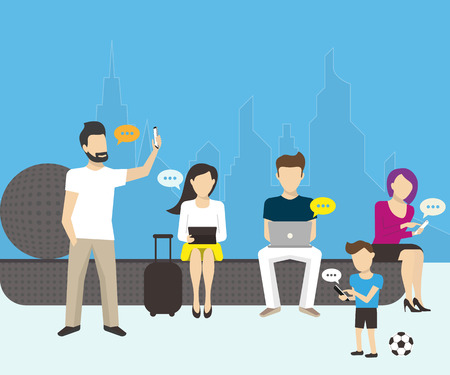 Group of people using smartphones, laptops and tablet pcのイラスト素材