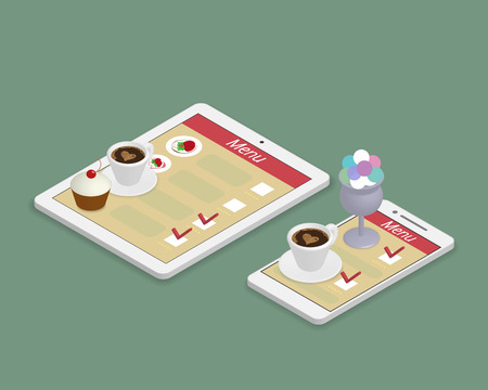 Isometric illustration of ordering food using tablet pc and smartphone in restaurant.のイラスト素材