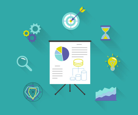 Flat modern illustration of analytics process with presentation board and symbols on long shadowsのイラスト素材