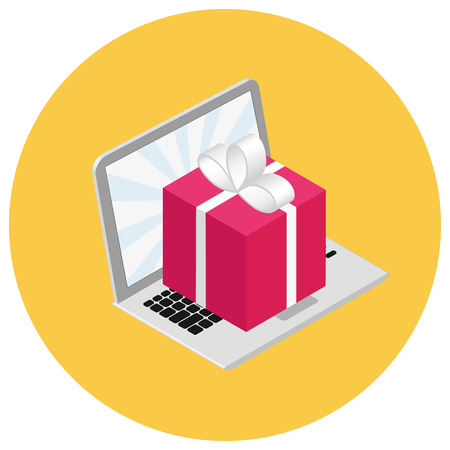 Isometric illustration of red box with gift on laptopのイラスト素材
