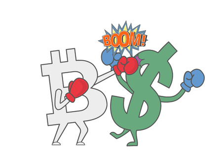 Bit coin is boxing with dollar. Vector cartoonのイラスト素材