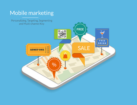 Mobile marketing and personalizing. Smartphone with map and tags. Text outlined, free font Lato