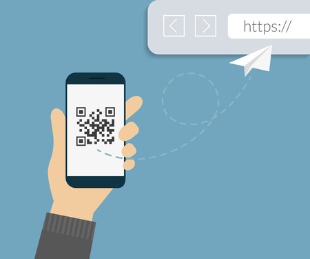 Man is scanning QR code via smartphone app then following the link to webpageのイラスト素材