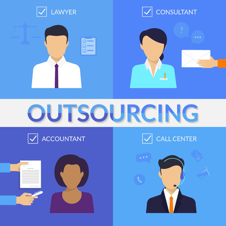 Four types of outsoursing for business start-up. Lawer, consultant, accountant, call center operatorのイラスト素材
